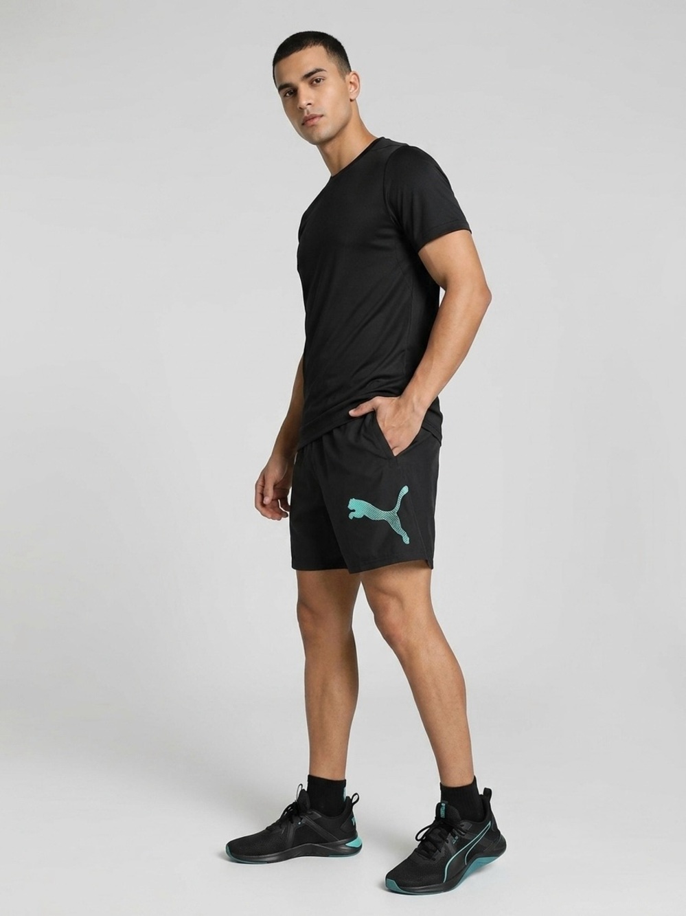 NWT PUMA Fadeout Woven 5” Athletic Shorts Black Teal Graphic Men's Size Large
